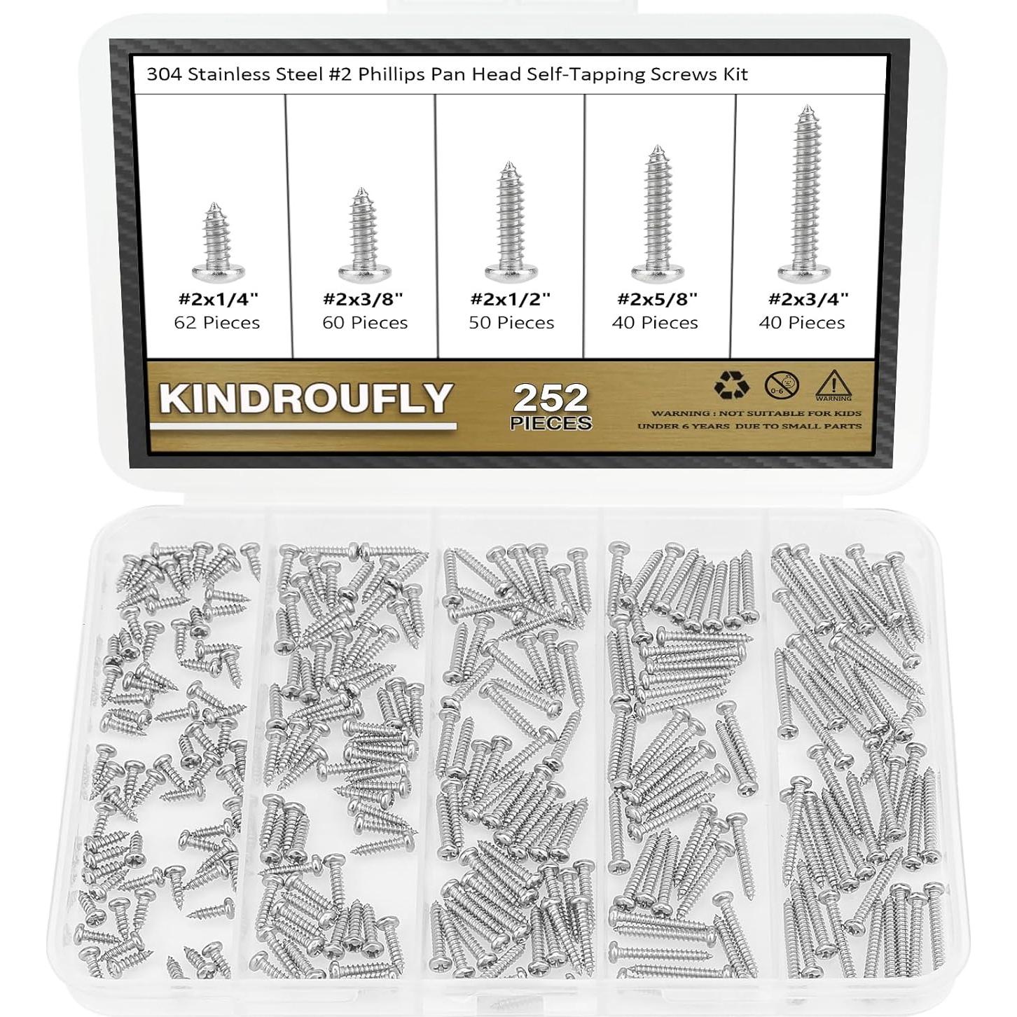 Kit de 252 Tornillos Autoperforantes Kindroufly #2 Acero Inoxidable