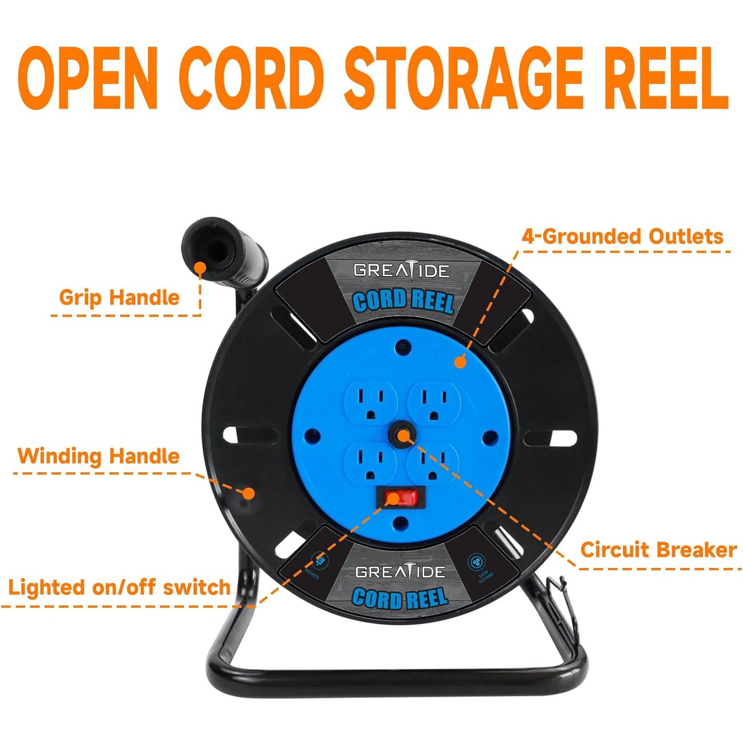 Carrete de Almacenamiento de Cable 4 Salidas GREATIDE 10A Azul