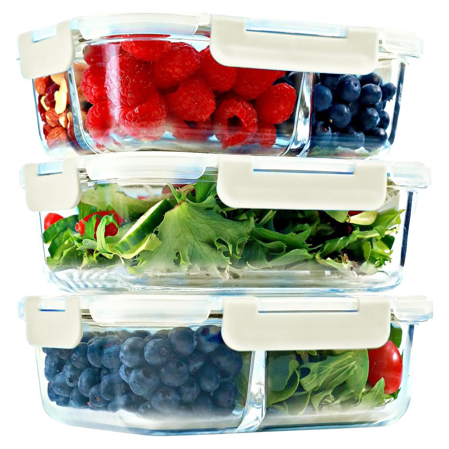 Contenedores de Vidrio FIT Fuerte y Saludable - 3 Compartimentos, 35 oz