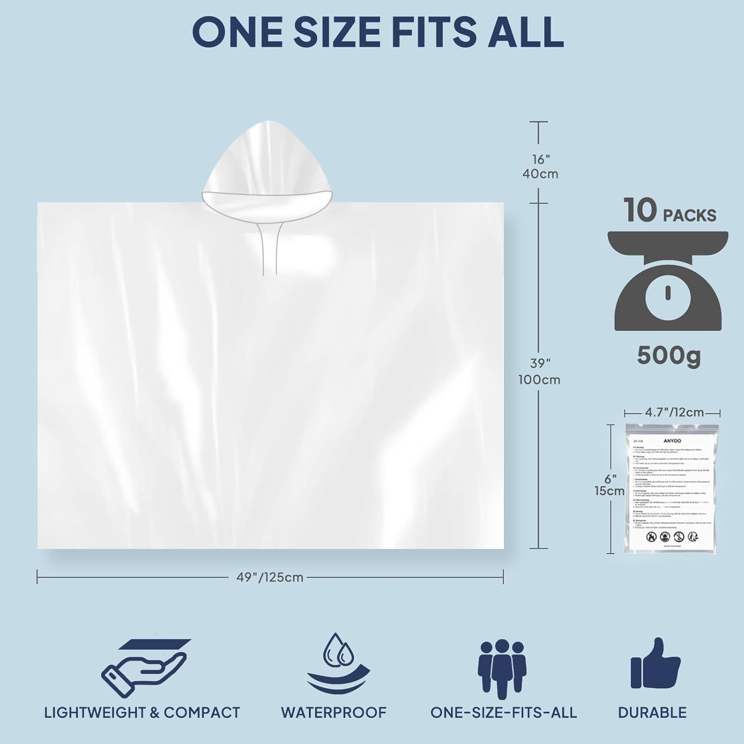 Poncho desechable ANYOO impermeable para adultos - 10 unidades