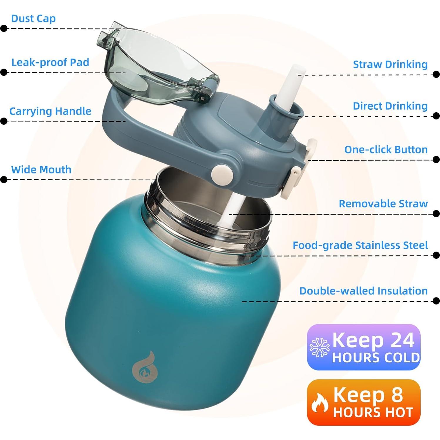 Botella de Agua Aislada BJPKPK 800 ml con Pajilla Azul