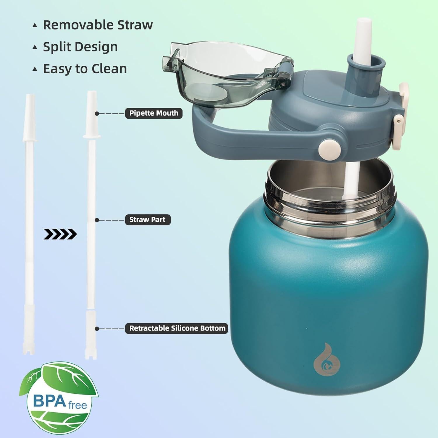 Botella de Agua Aislada BJPKPK 800 ml con Pajilla Azul