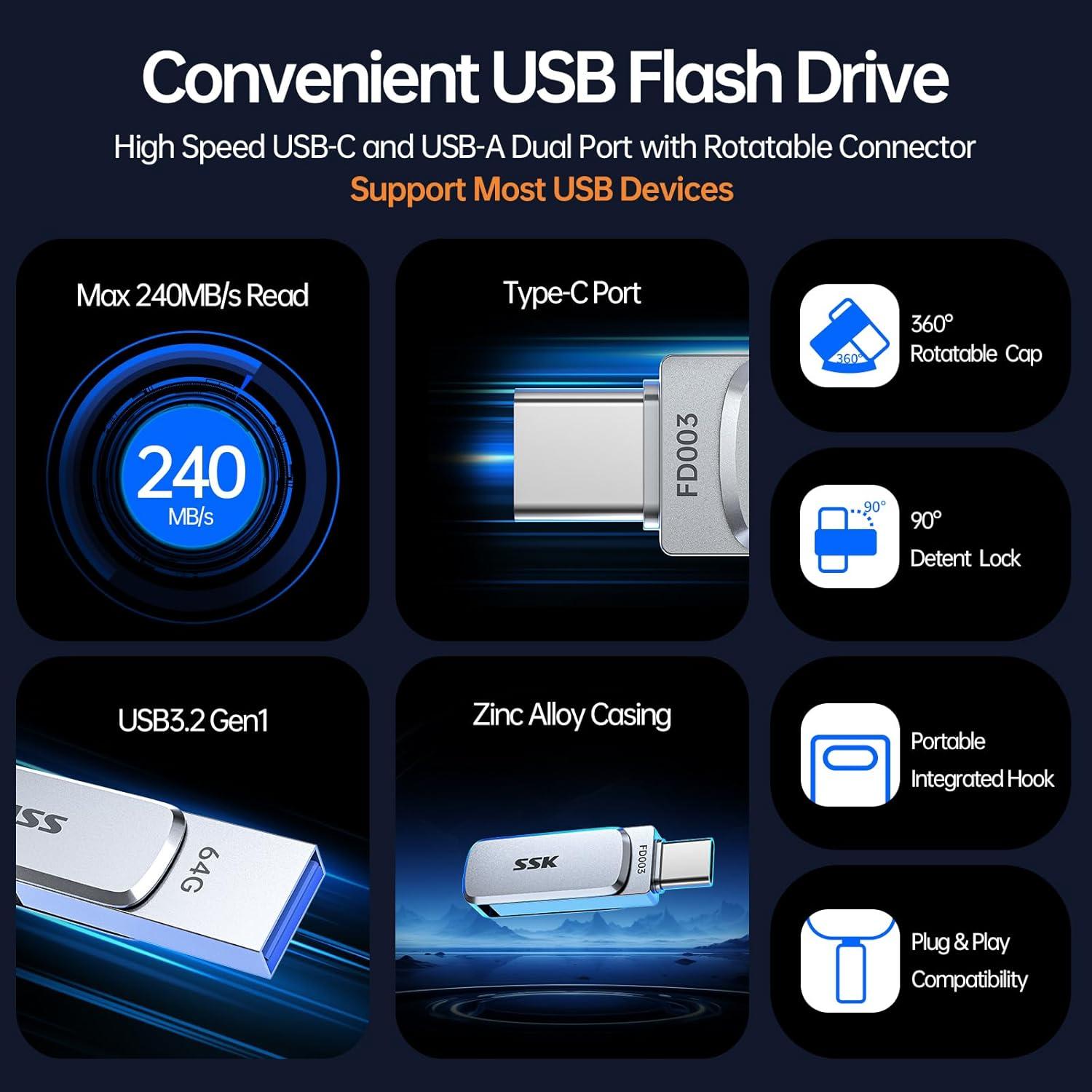 SSK 64GB Unidad Flash USB Doble USB-C y USB-A 3.2 Resistente