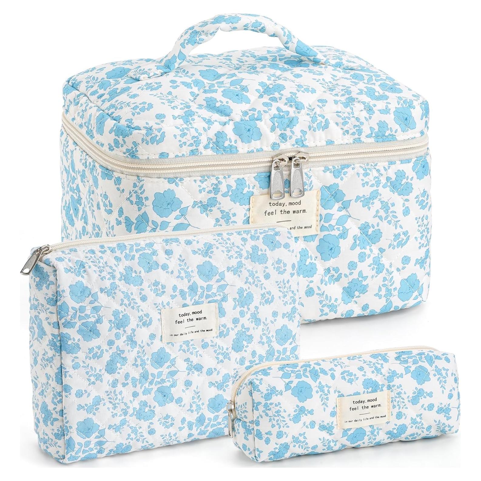 Bolsa de Maquillaje Acolchada UUYUUY Floral Azul Cielo 3 Piezas