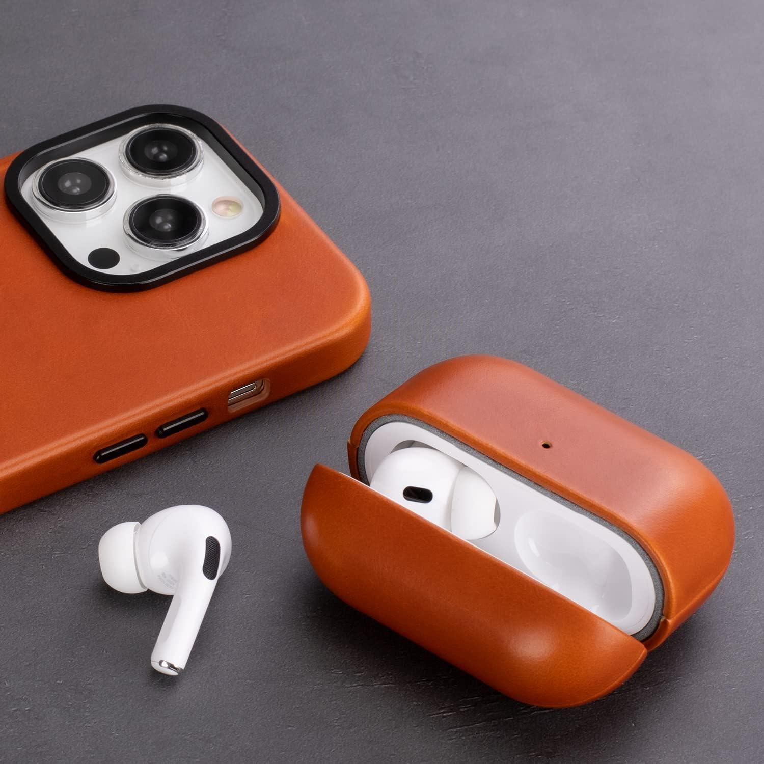 Funda de Cuero Maogoam para AirPods Pro 2 Naranja Premium