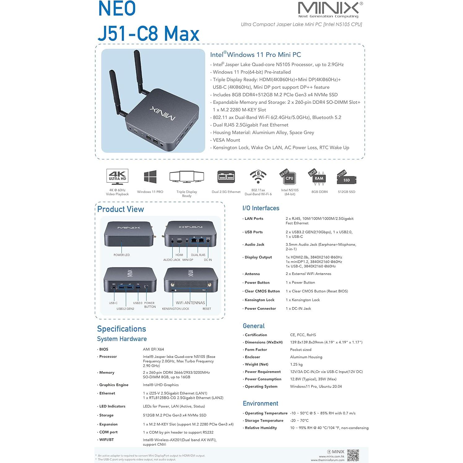 MINIX NEO J51-C8 Max Mini PC 8GB/512GB SSD Windows 11 Pro