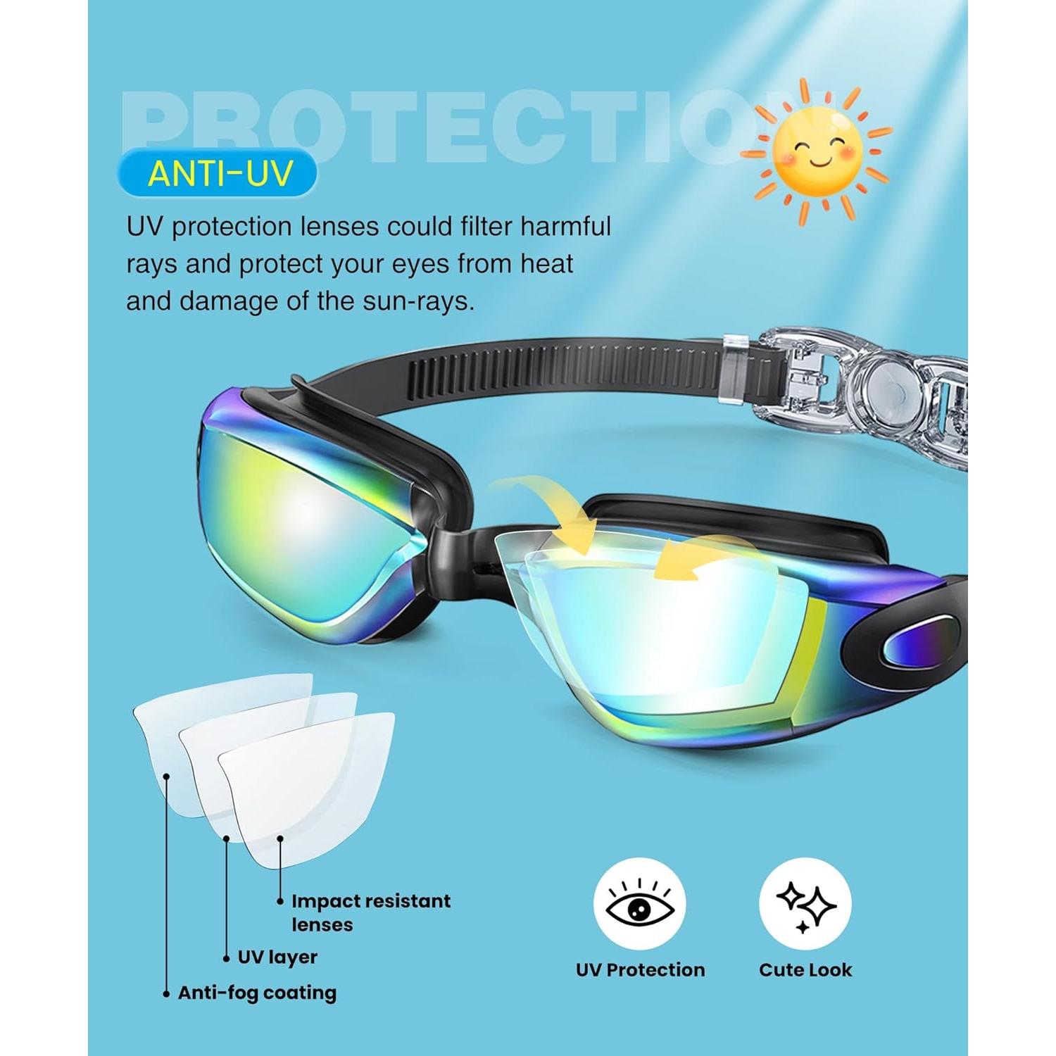 Gafas de natación QALLY para niños UV400 3 paquetes