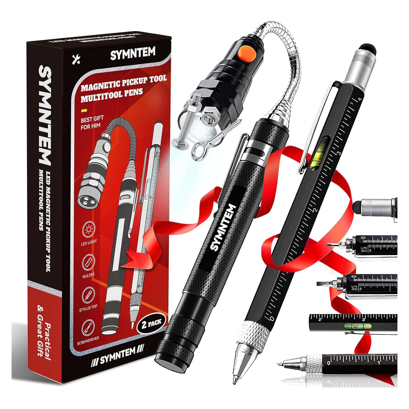 Gifts for Dad, Magnetic Pickup Tool, 6-in-1 Multitool Pen,Includes Touch Screen Stylus, Rulers, Bubble Level, Flathead，Phillips Screwdrivers, Ballpoint Pen, Gifts for Men, Black