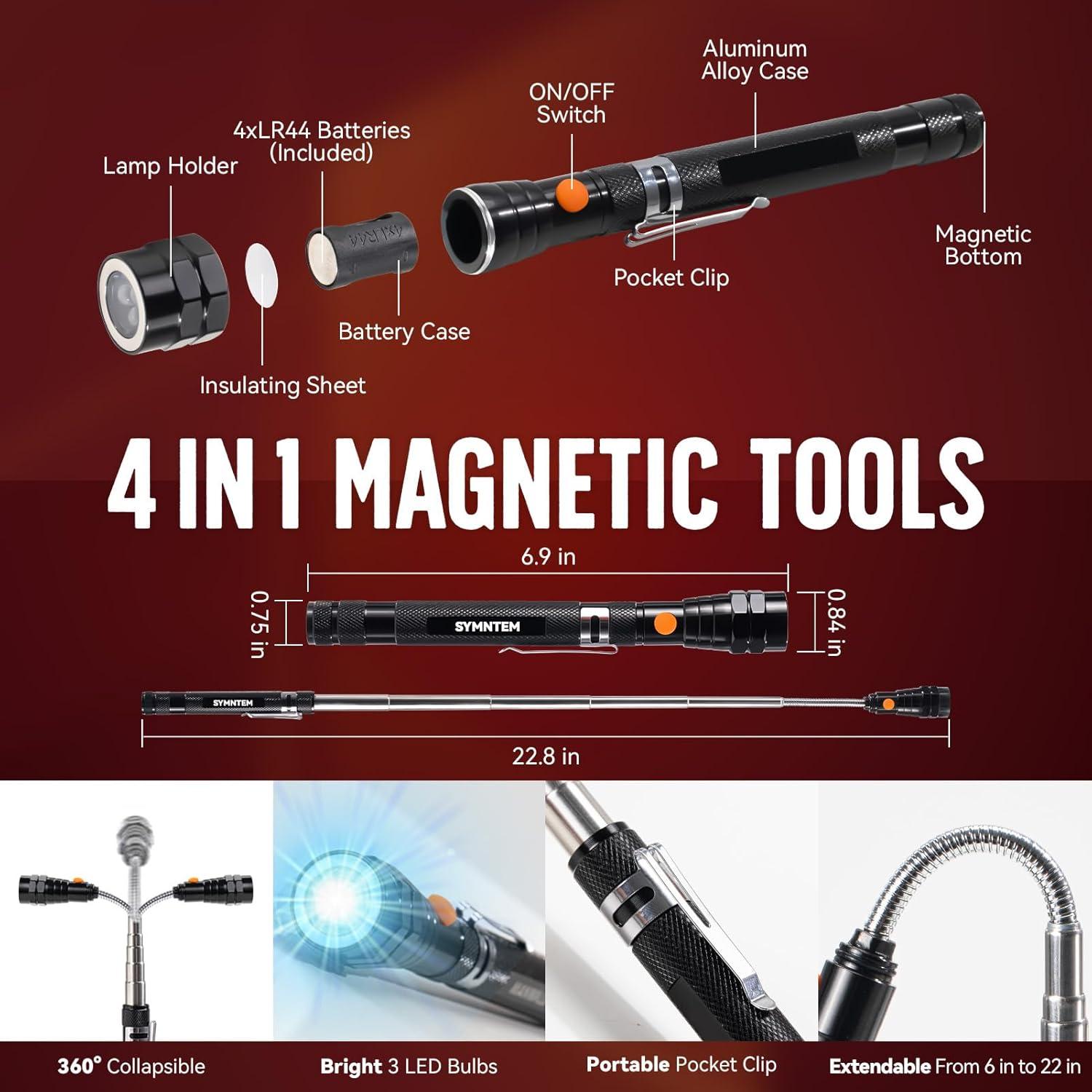 Gifts for Dad, Magnetic Pickup Tool, 6-in-1 Multitool Pen,Includes Touch Screen Stylus, Rulers, Bubble Level, Flathead，Phillips Screwdrivers, Ballpoint Pen, Gifts for Men, Black