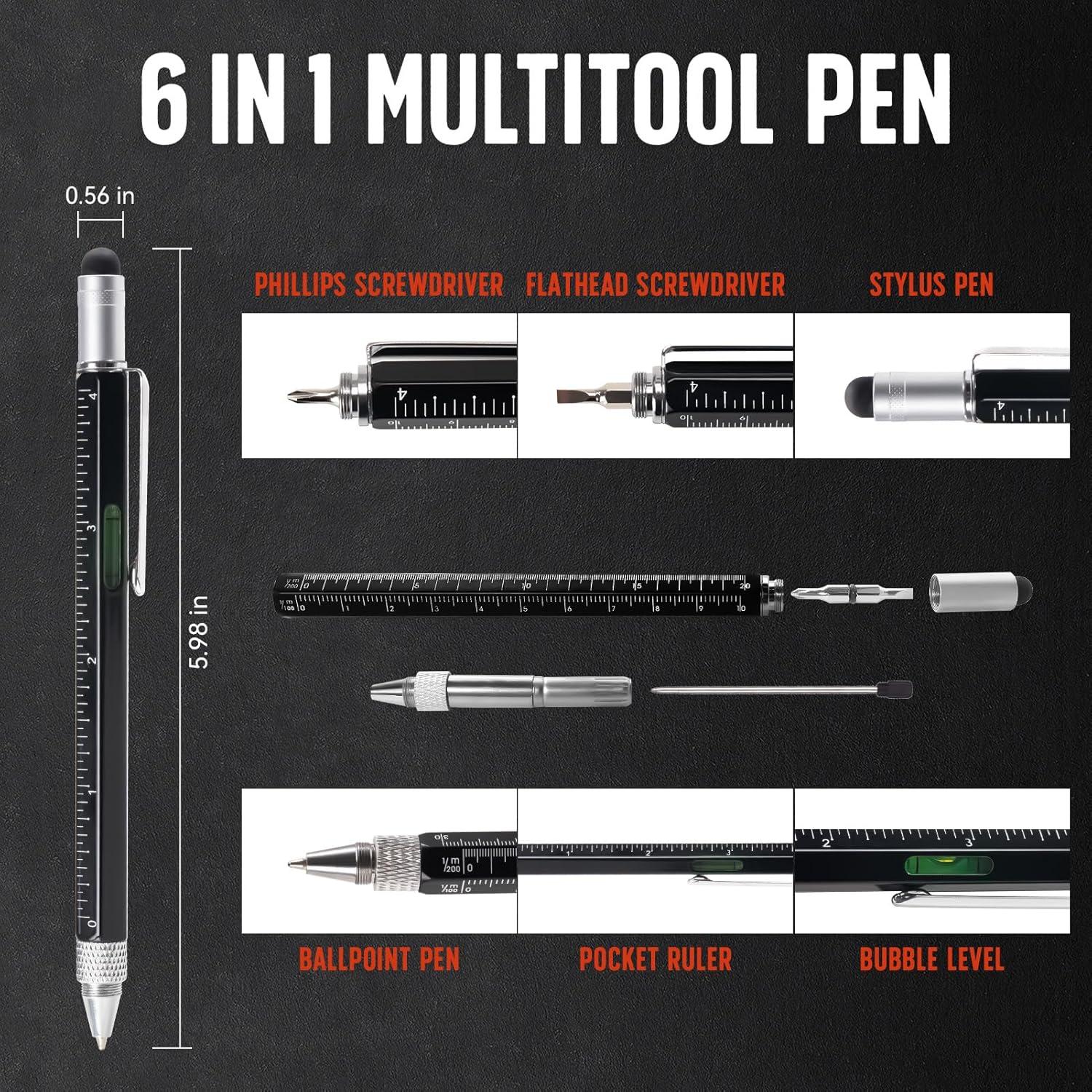 Gifts for Dad, Magnetic Pickup Tool, 6-in-1 Multitool Pen,Includes Touch Screen Stylus, Rulers, Bubble Level, Flathead，Phillips Screwdrivers, Ballpoint Pen, Gifts for Men, Black