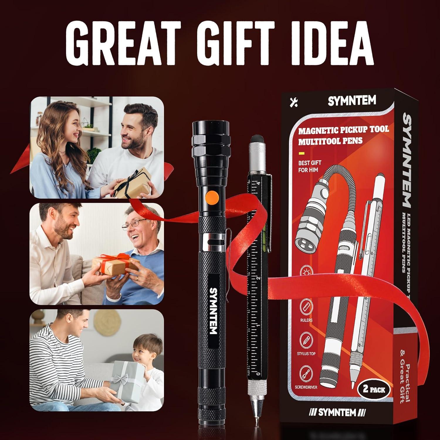 Gifts for Dad, Magnetic Pickup Tool, 6-in-1 Multitool Pen,Includes Touch Screen Stylus, Rulers, Bubble Level, Flathead，Phillips Screwdrivers, Ballpoint Pen, Gifts for Men, Black