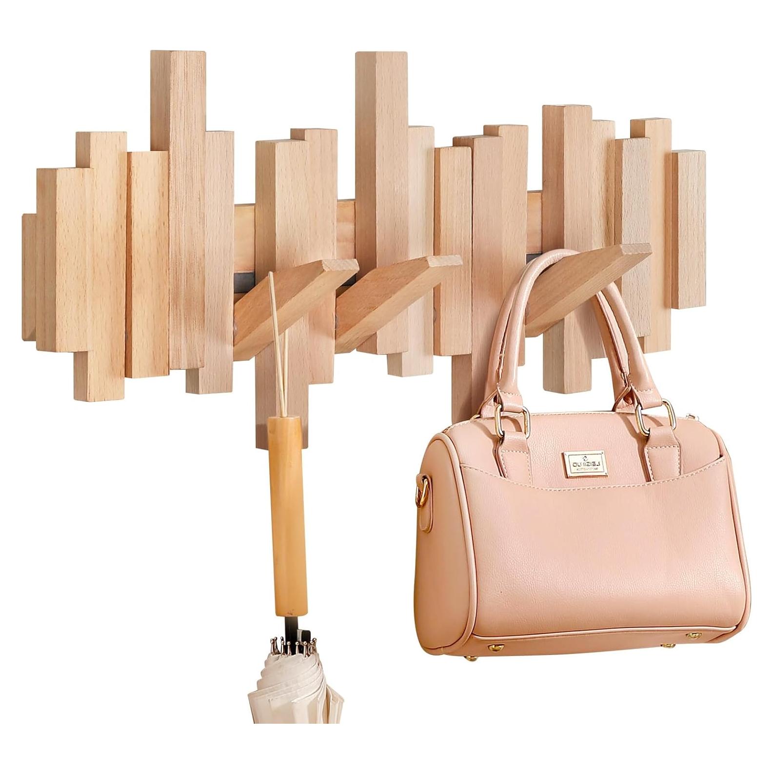 Perchero de pared Ufine de madera con 6 ganchos abatibles