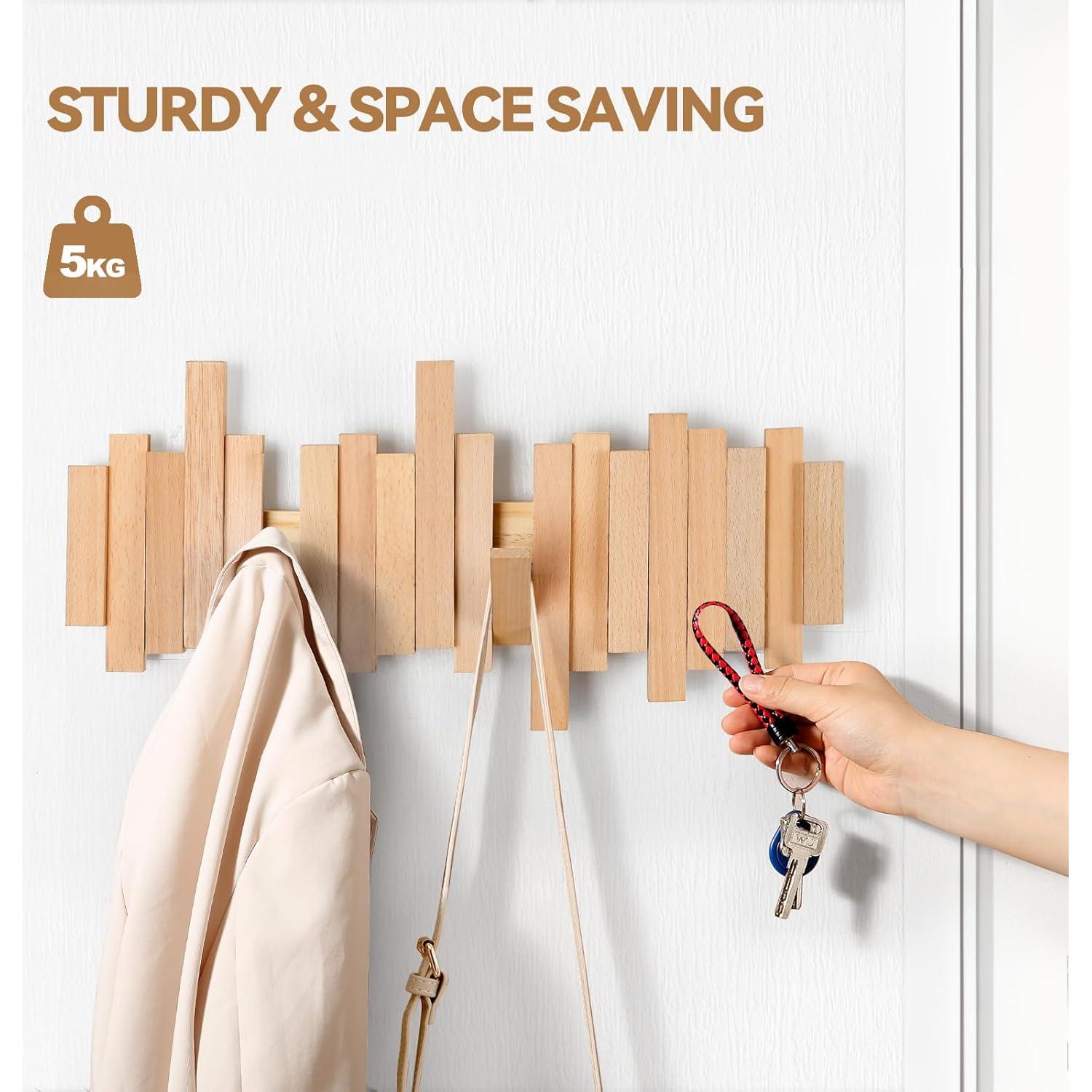 Perchero de pared Ufine de madera con 6 ganchos abatibles