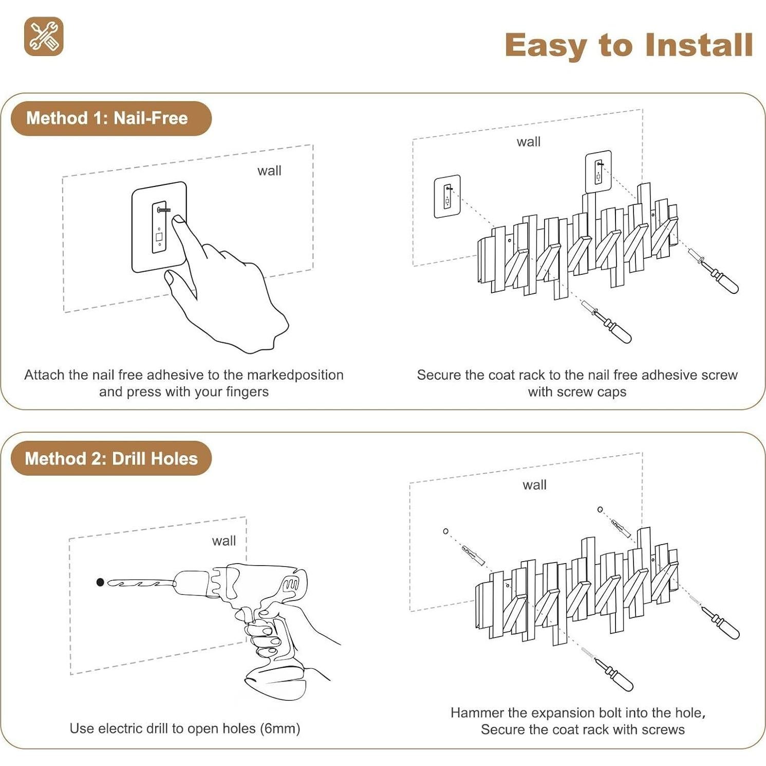 Perchero de pared Ufine de madera con 6 ganchos abatibles