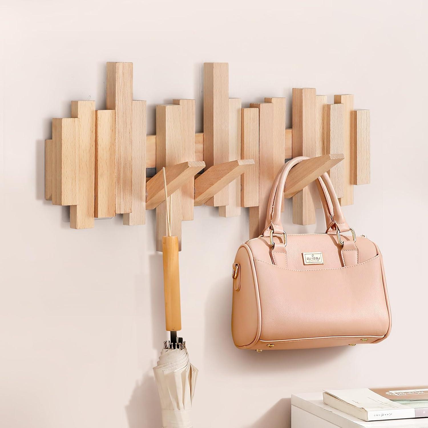 Perchero de pared Ufine de madera con 6 ganchos abatibles