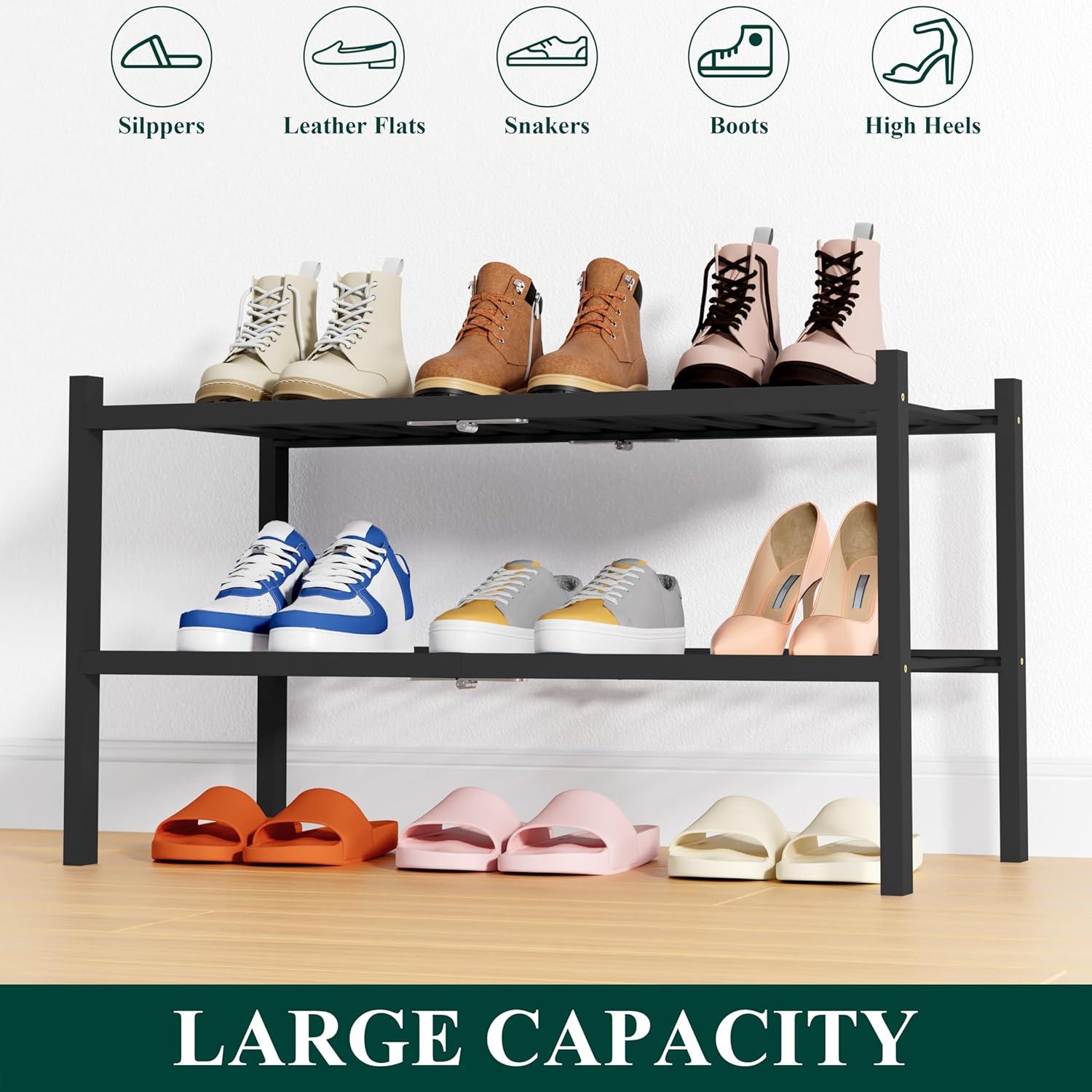 Estante para zapatos Smiry de bambú negro, 2 niveles, apilable