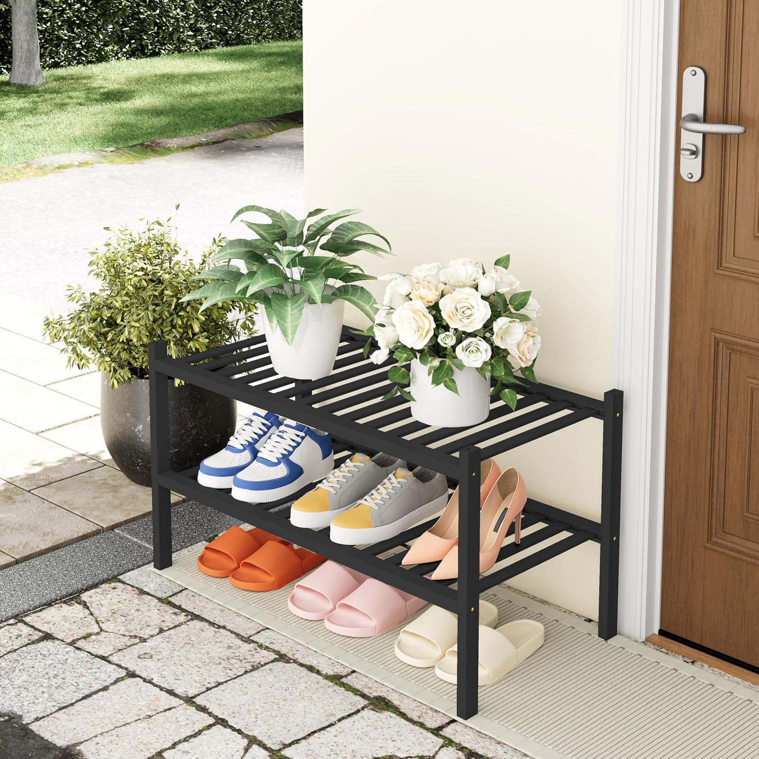 Estante para zapatos Smiry de bambú negro, 2 niveles, apilable