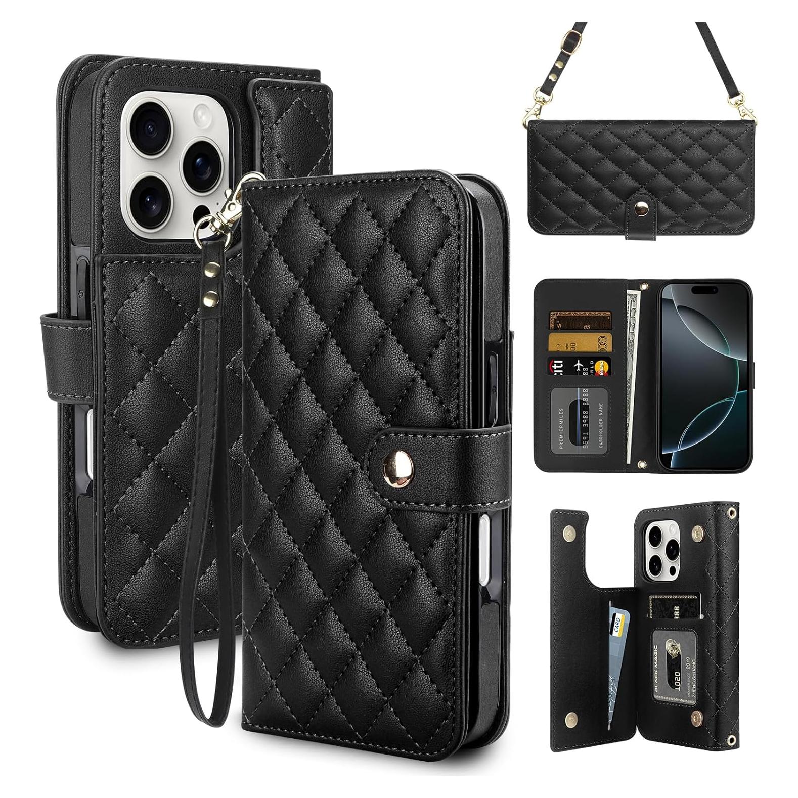Funda de Cartera Vofolen para iPhone 16 Pro - Cuero Negro, 5 Ranuras