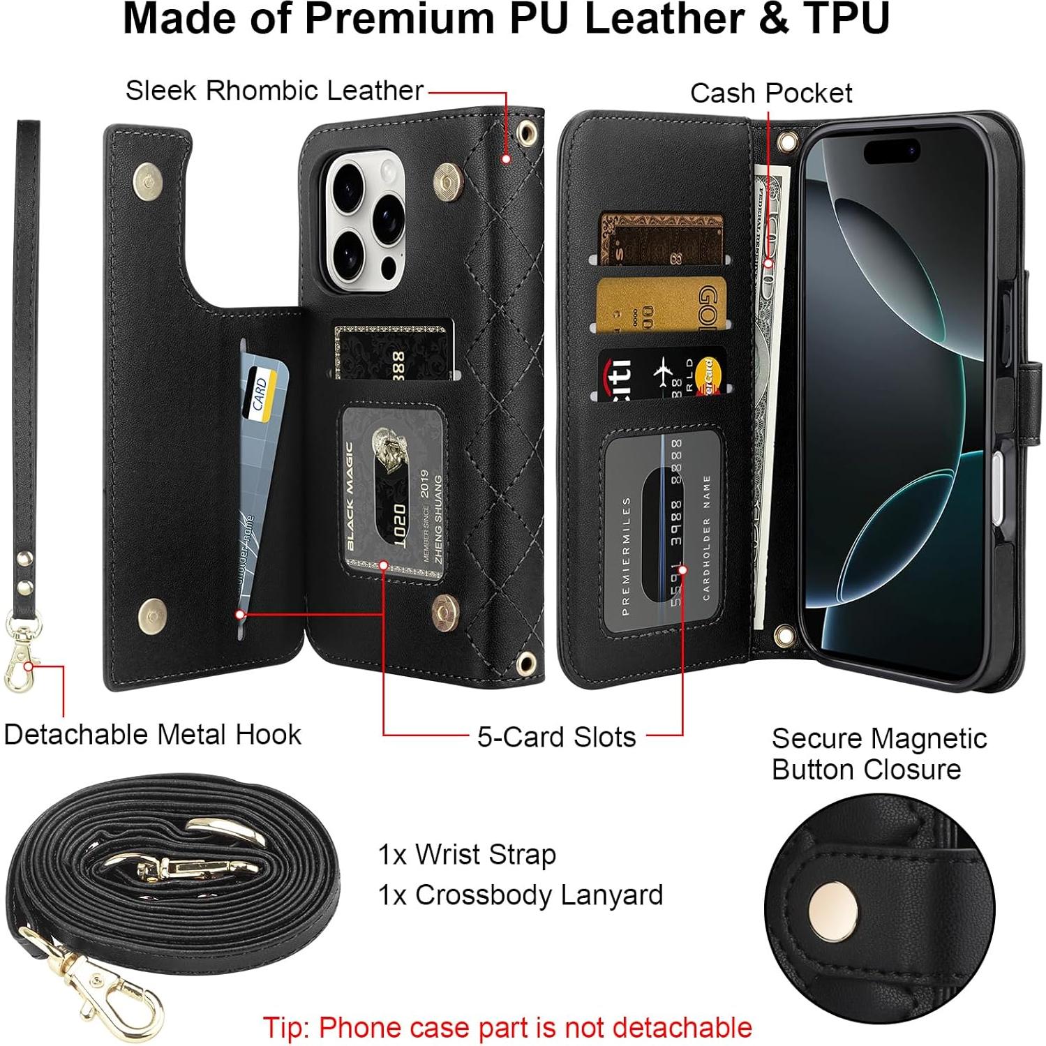 Funda de Cartera Vofolen para iPhone 16 Pro - Cuero Negro, 5 Ranuras