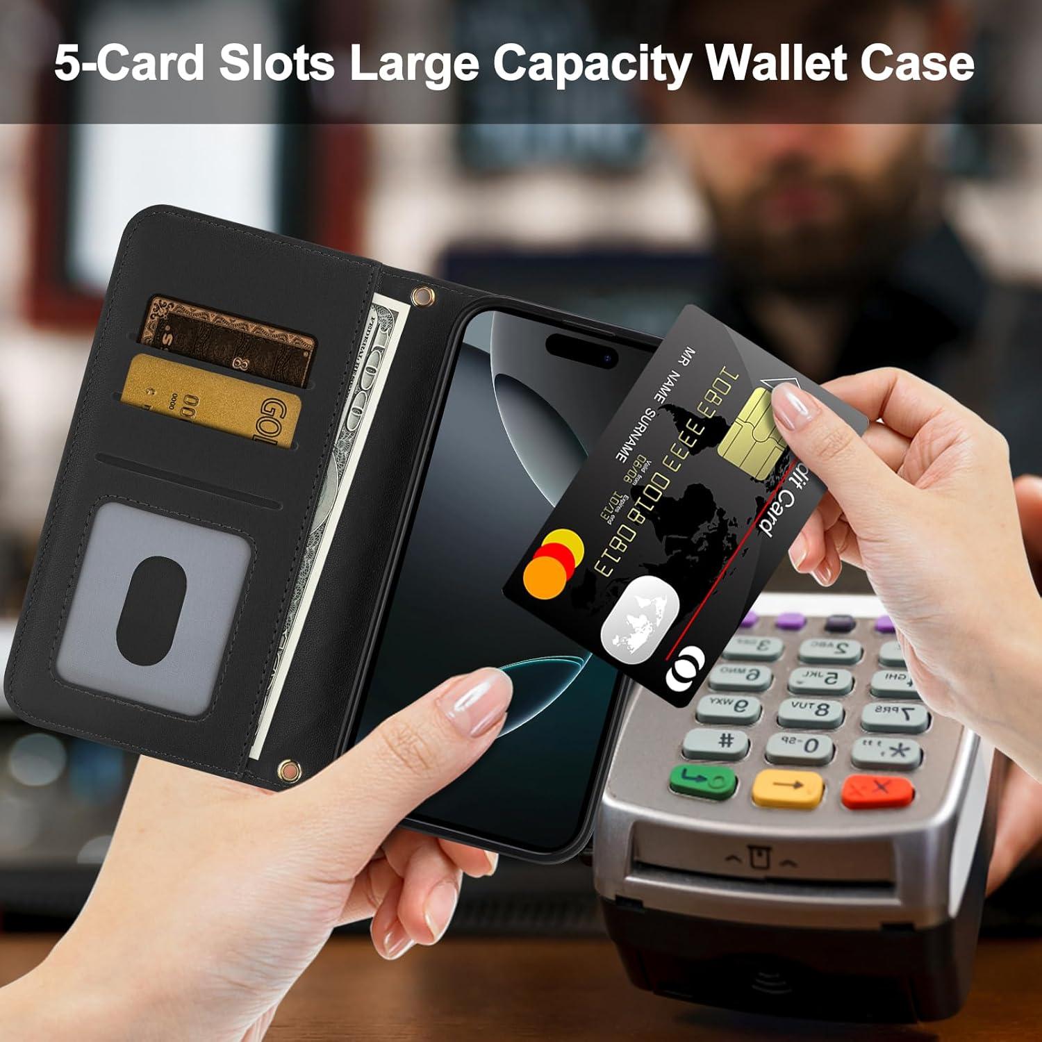 Funda de Cartera Vofolen para iPhone 16 Pro - Cuero Negro, 5 Ranuras