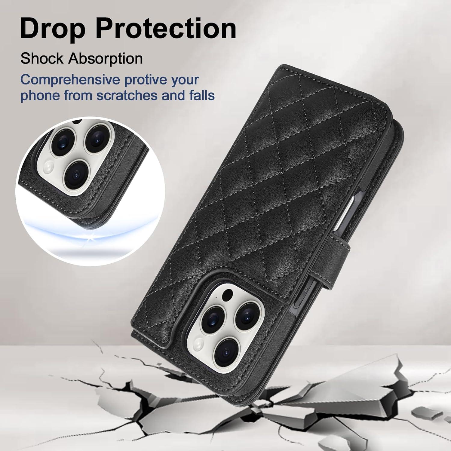 Funda de Cartera Vofolen para iPhone 16 Pro - Cuero Negro, 5 Ranuras