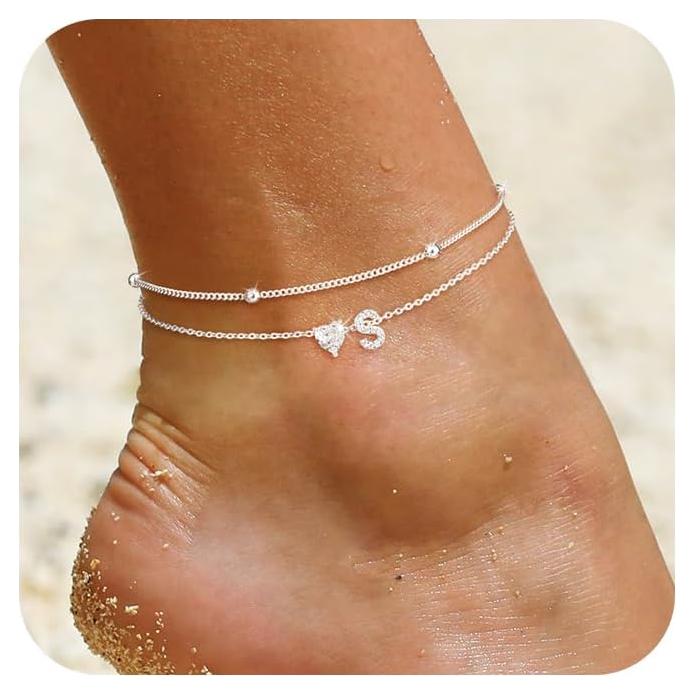 Tobilleras de Iniciales en Corazón de Plata para Mujeres