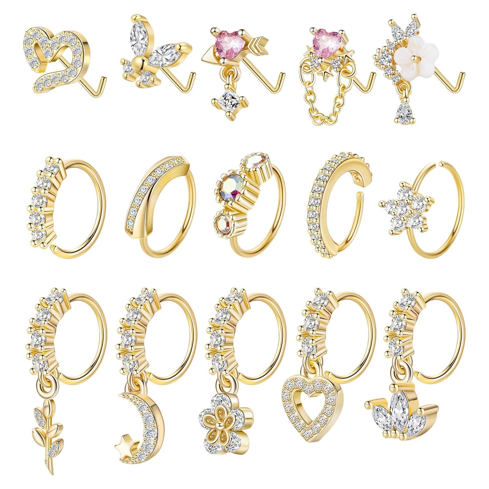 15PCS Anillos de Nariz Vegolita 20G Acero Inoxidable Hipoalergénico