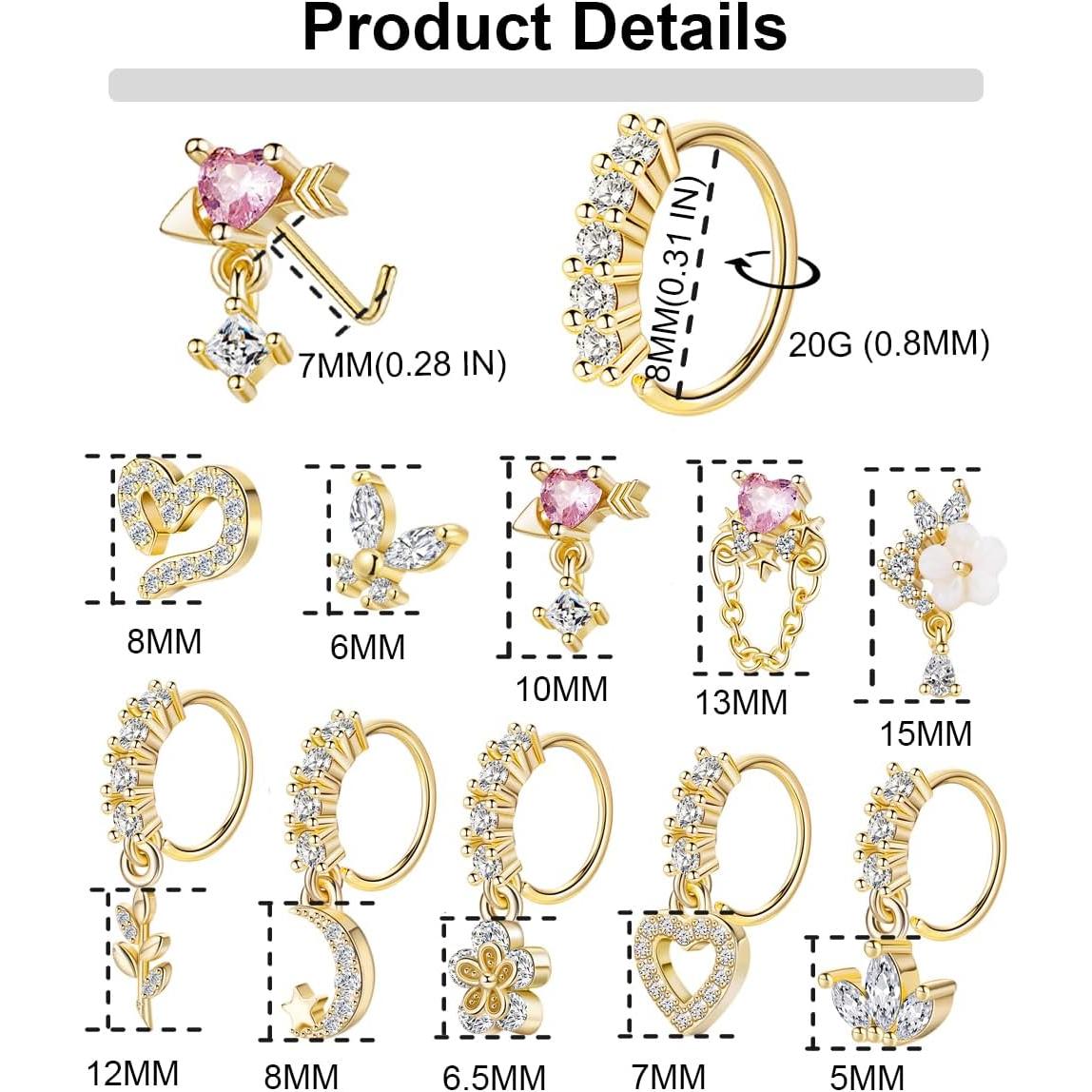 15PCS Anillos de Nariz Vegolita 20G Acero Inoxidable Hipoalergénico
