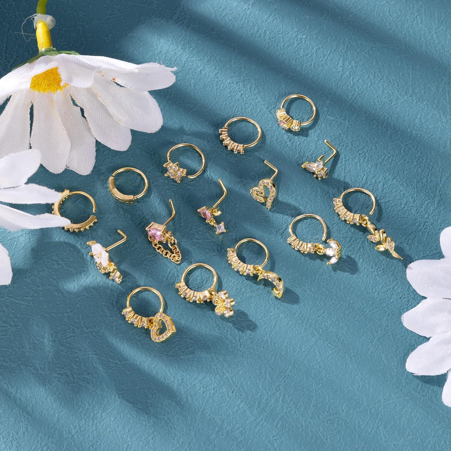 15PCS Anillos de Nariz Vegolita 20G Acero Inoxidable Hipoalergénico