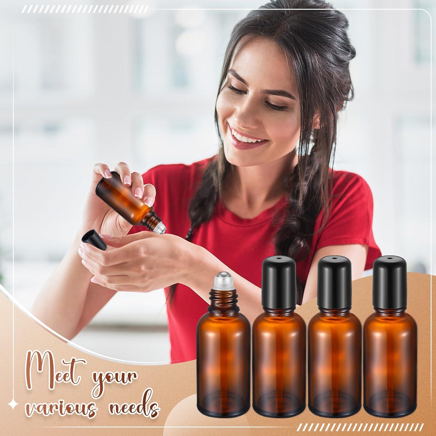 Sumind 12 Pcs 30ml Roller Glass Bottle Essential Oil with Stainless Steel Refillable Sample Container Brown Empty Roller Bottle Applicator with Funnel Sticker for Travel(Amber)
