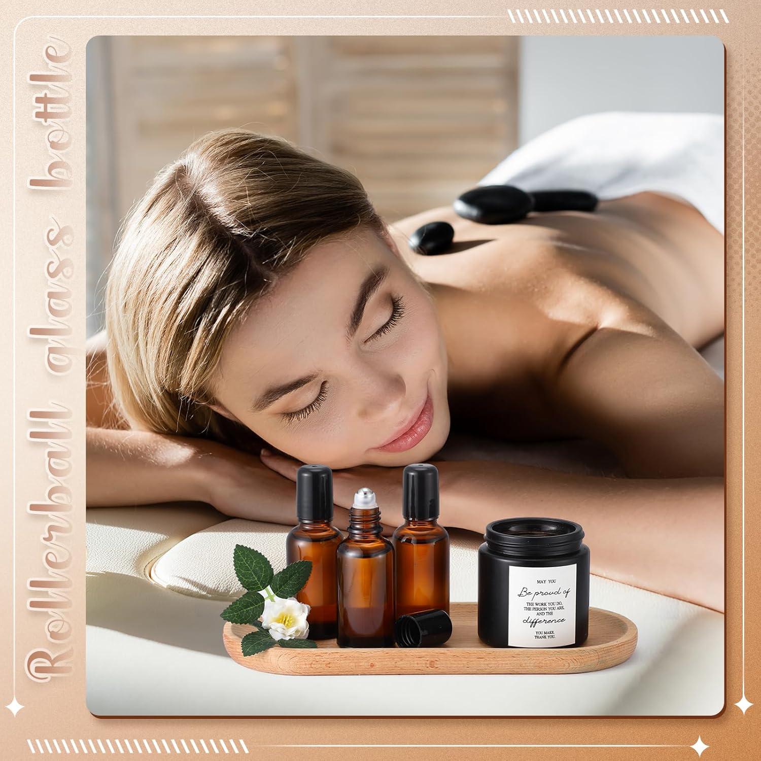 Sumind 12 Pcs 30ml Roller Glass Bottle Essential Oil with Stainless Steel Refillable Sample Container Brown Empty Roller Bottle Applicator with Funnel Sticker for Travel(Amber)