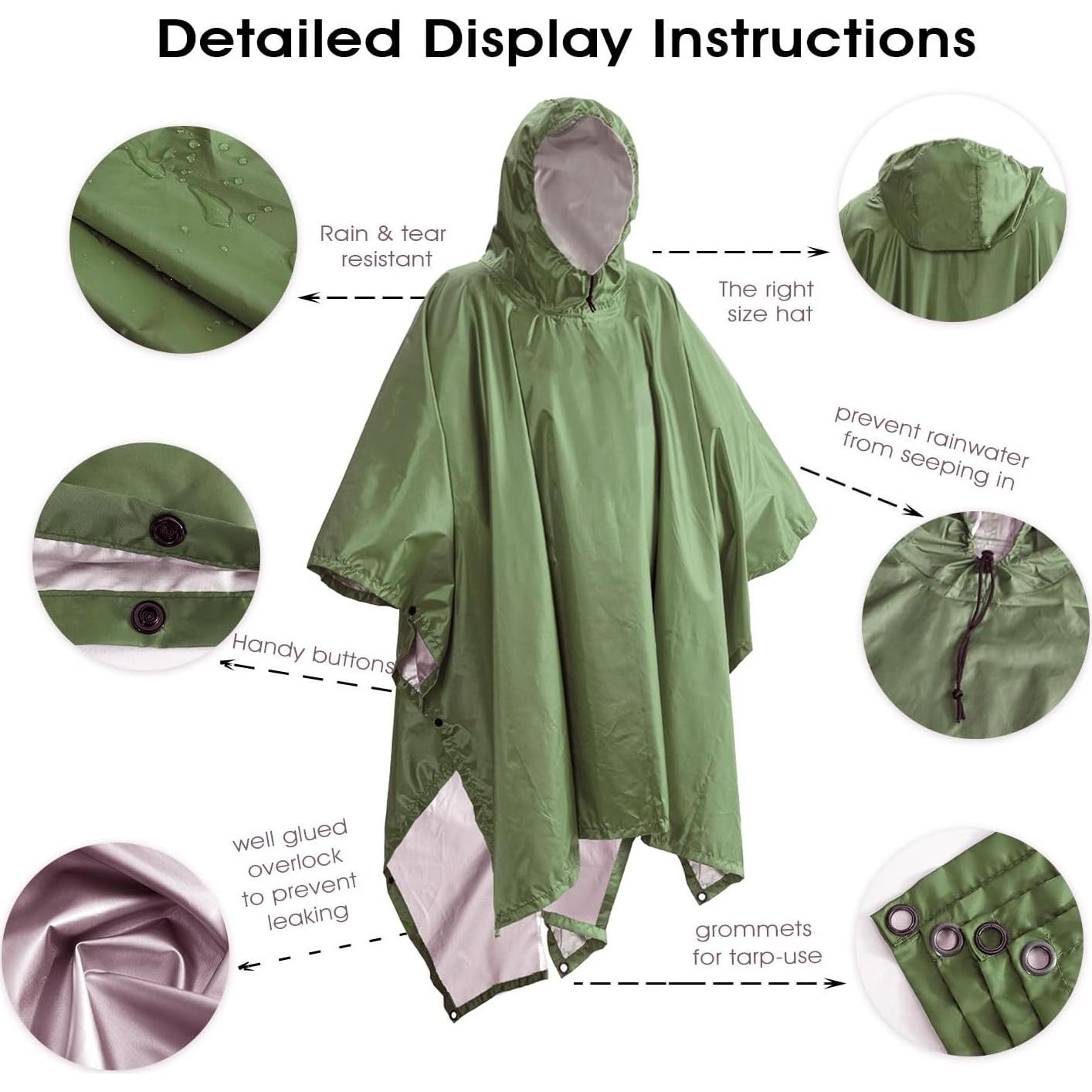 Poncho Impermeable QIANQUHUI Verde Militar Unisex 220x140 cm