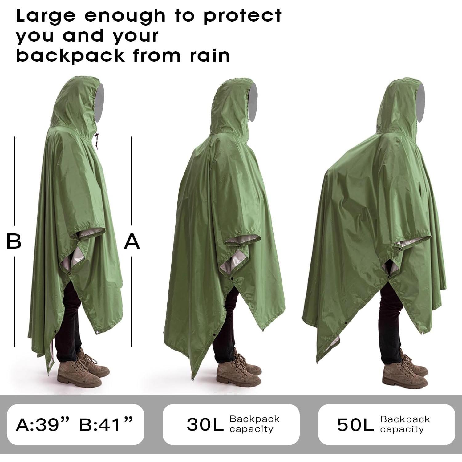 Poncho Impermeable QIANQUHUI Verde Militar Unisex 220x140 cm
