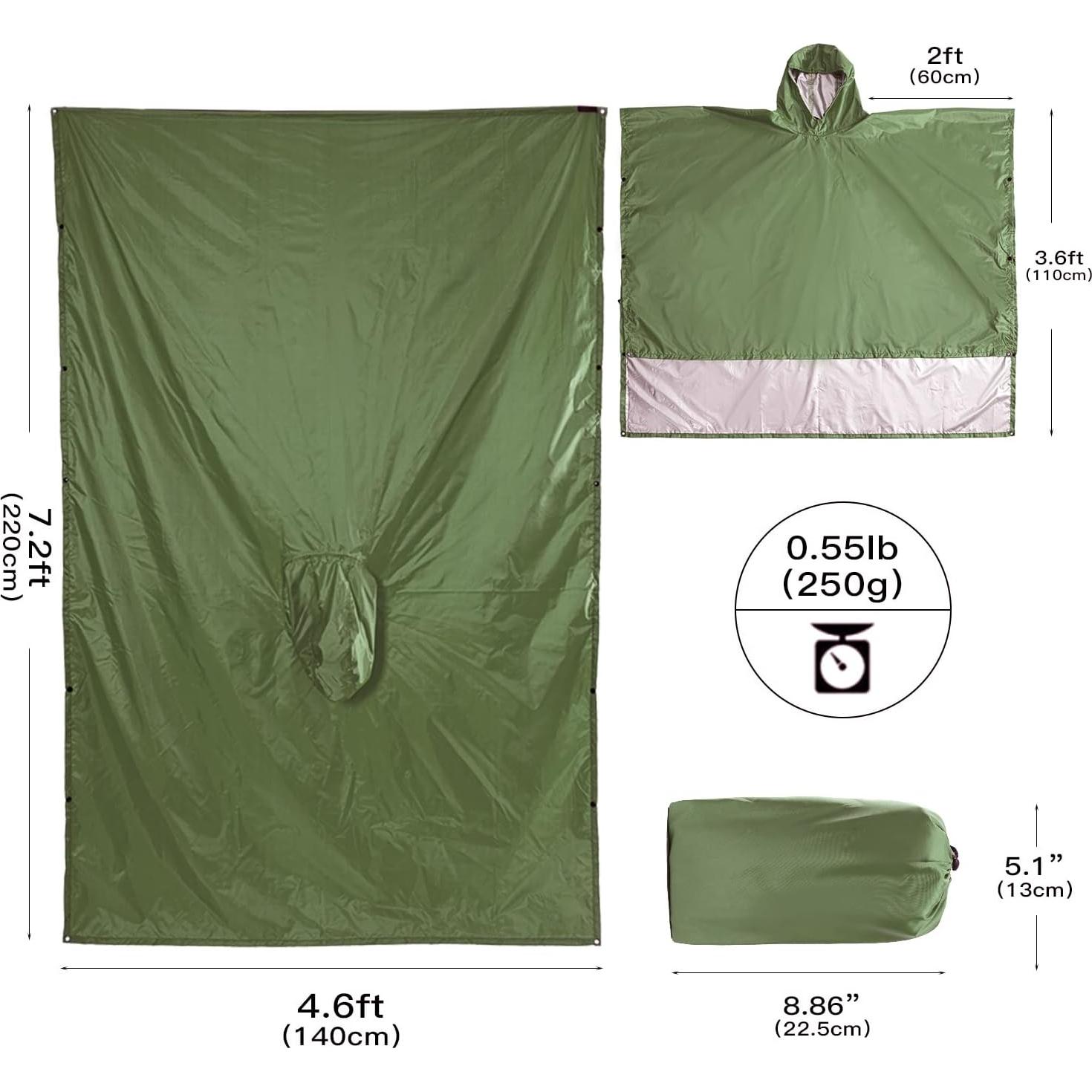 Poncho Impermeable QIANQUHUI Verde Militar Unisex 220x140 cm