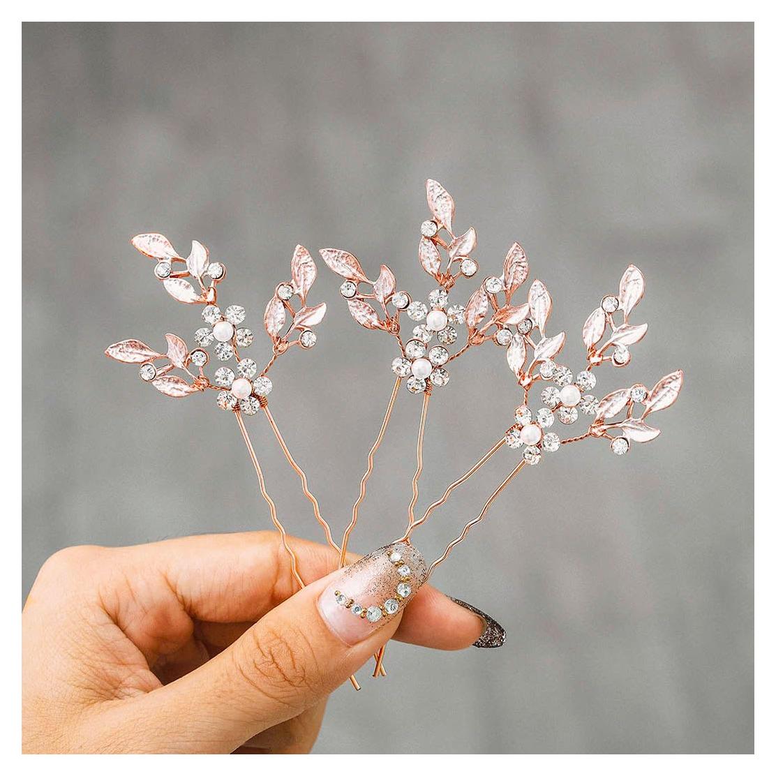 Pinzas para el cabello de novia Heread oro rosa - Paquete de 3