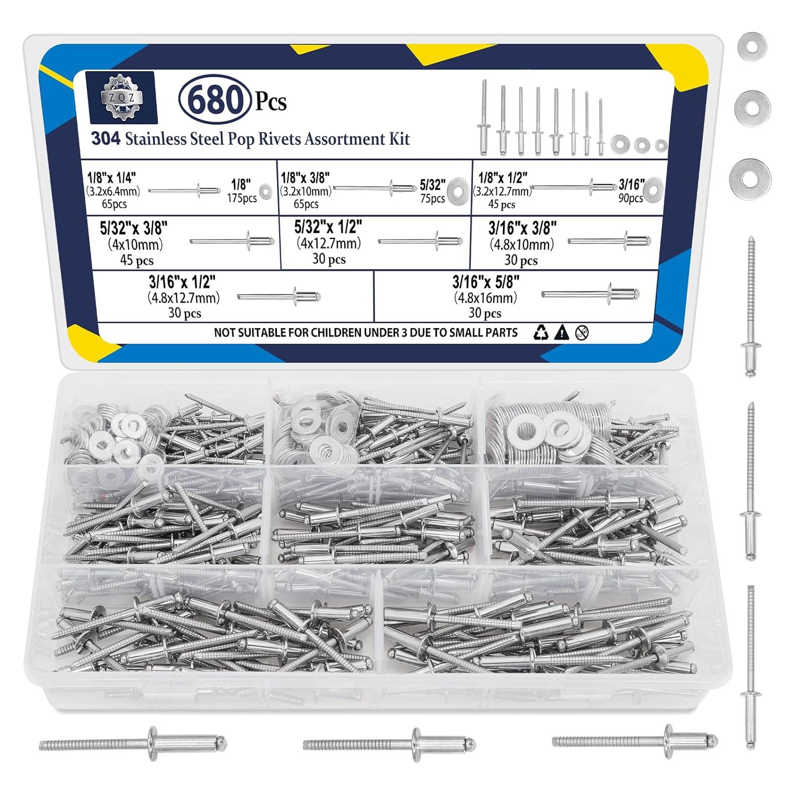 Kit de Remaches de Acero Inoxidable ZQZ 680 Pcs 8 Tamaños