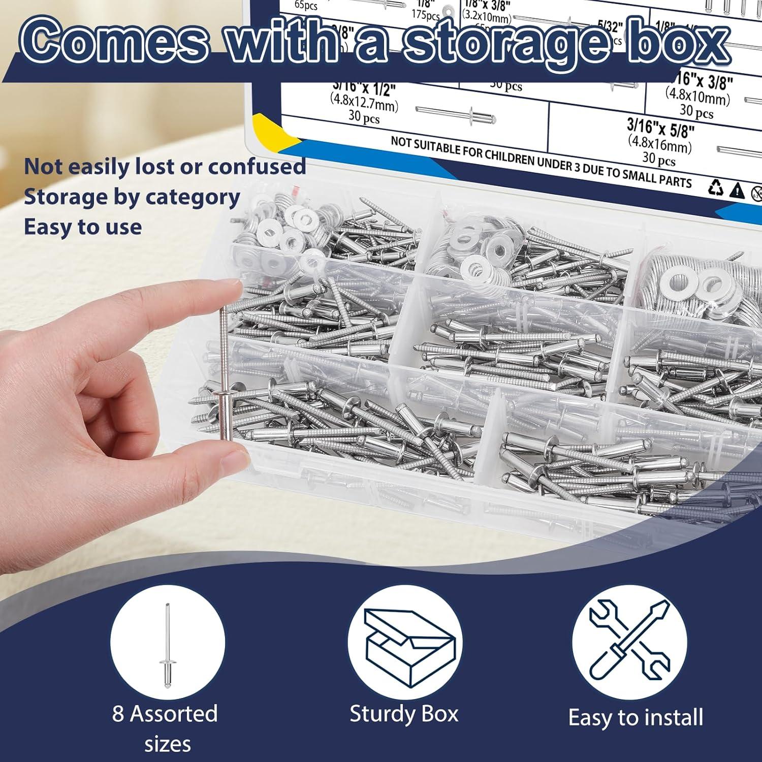 Kit de Remaches de Acero Inoxidable ZQZ 680 Pcs 8 Tamaños