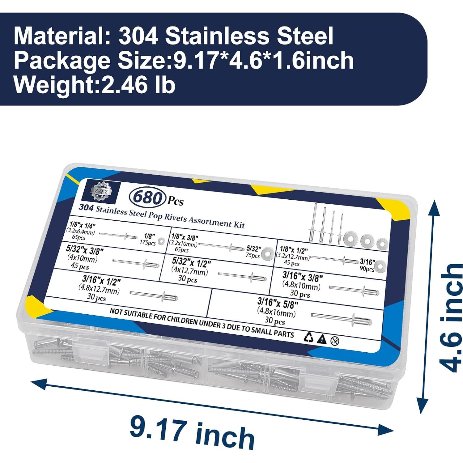 Kit de Remaches de Acero Inoxidable ZQZ 680 Pcs 8 Tamaños