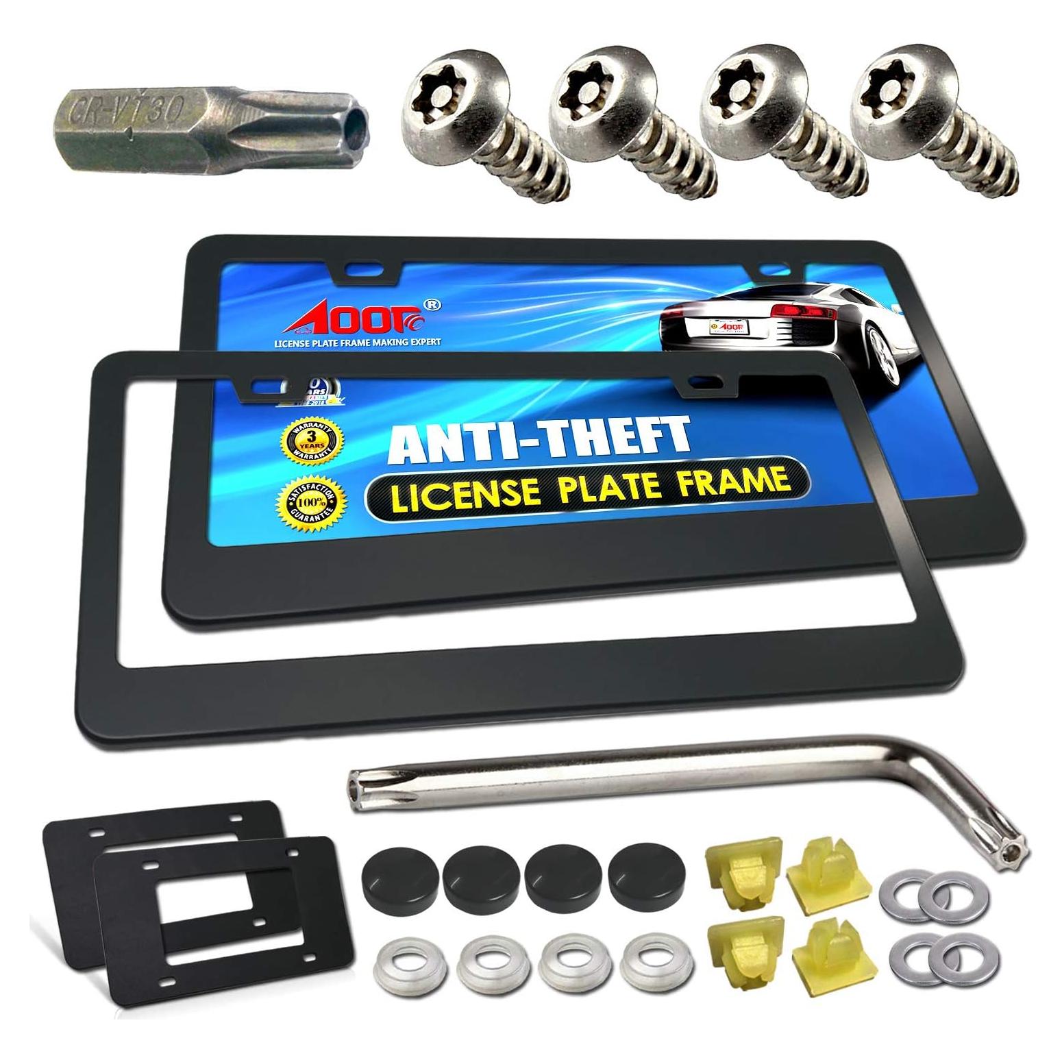 Marco de Placa de Licencia Antirrobo Aootf - Aluminio Negro 2 Piezas