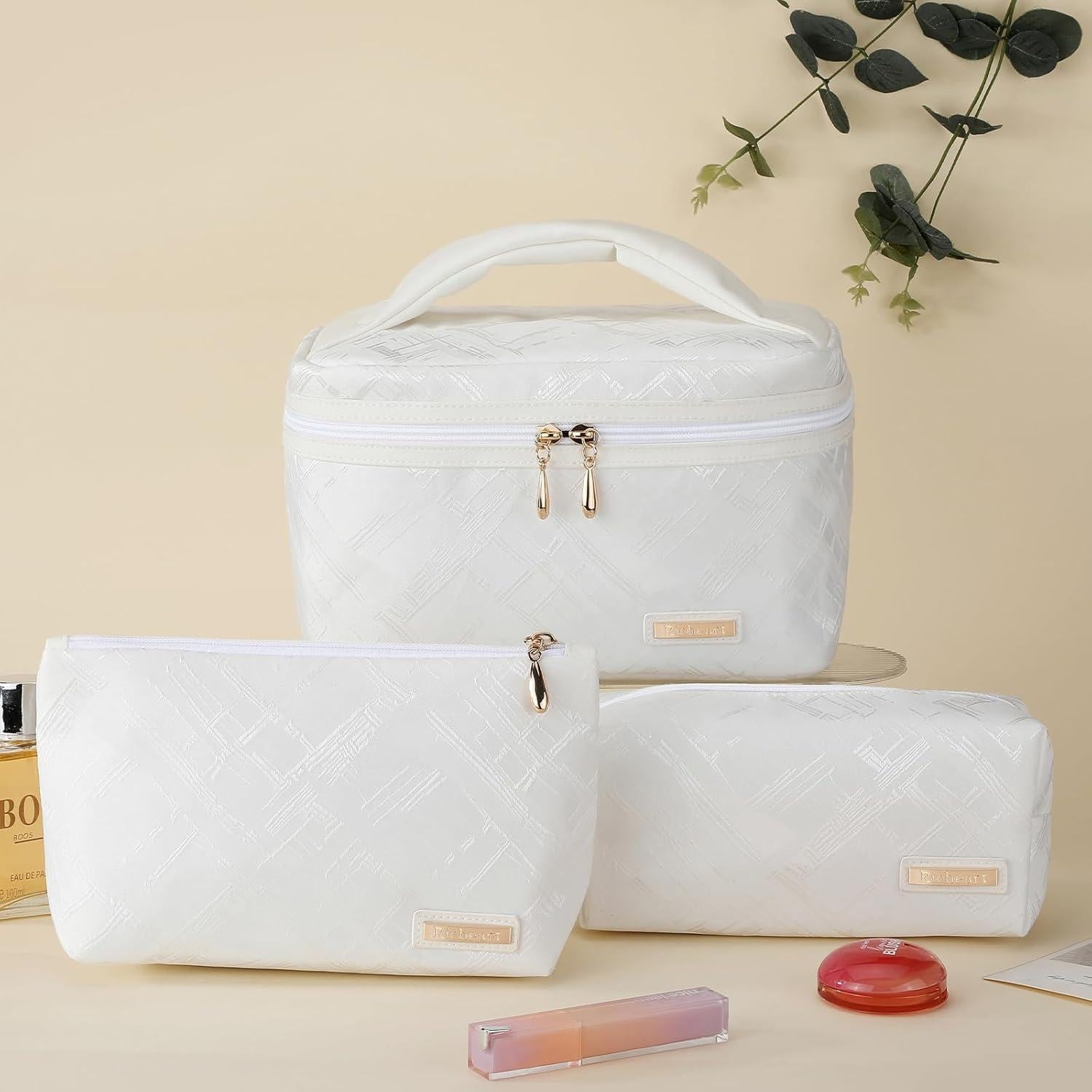 Conjunto de Bolsa de Maquillaje Richeart 3Pcs Grande Blanco