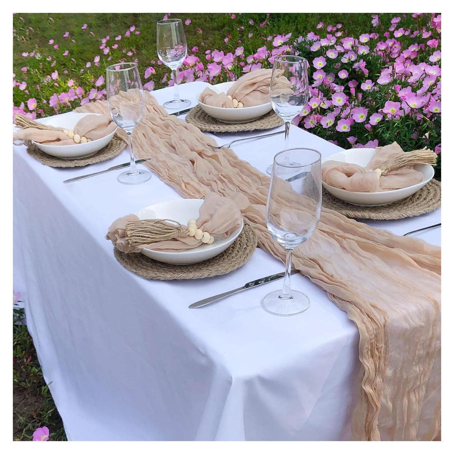 Camino de Mesa de Gasa Beige 3 m + 6 Servilletas + Anillos