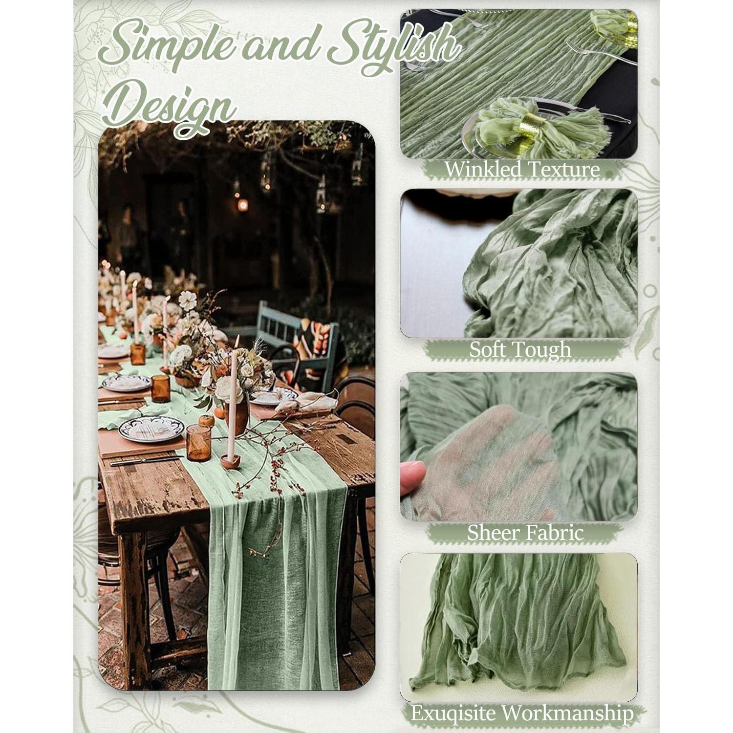 Caminito de Mesa de Gasa Verde Salvia 3.58m + 10 Servilletas