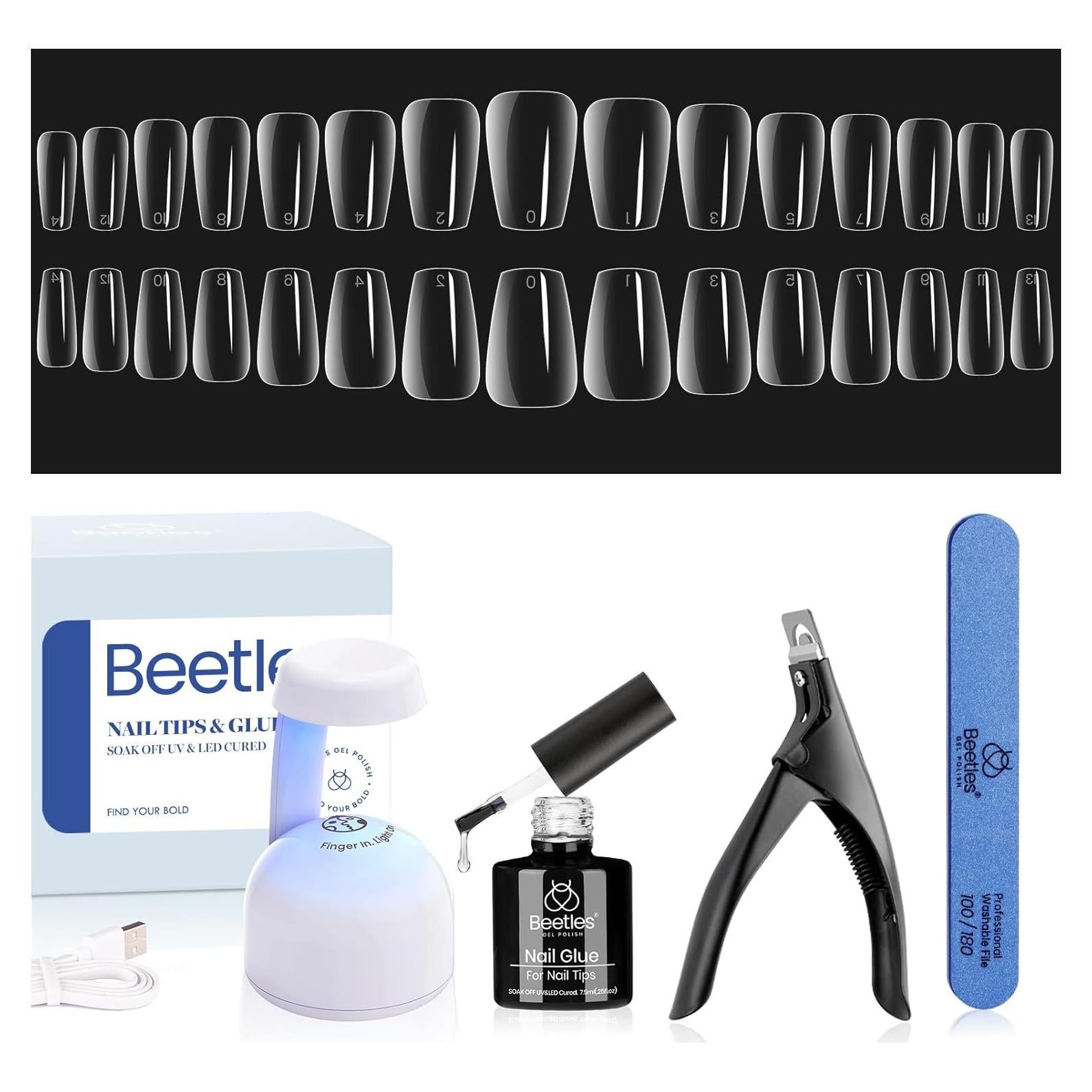 Kit de Uñas de Gel Beetles 240 Piezas Coffin Corto con Pegamento 5 en 1