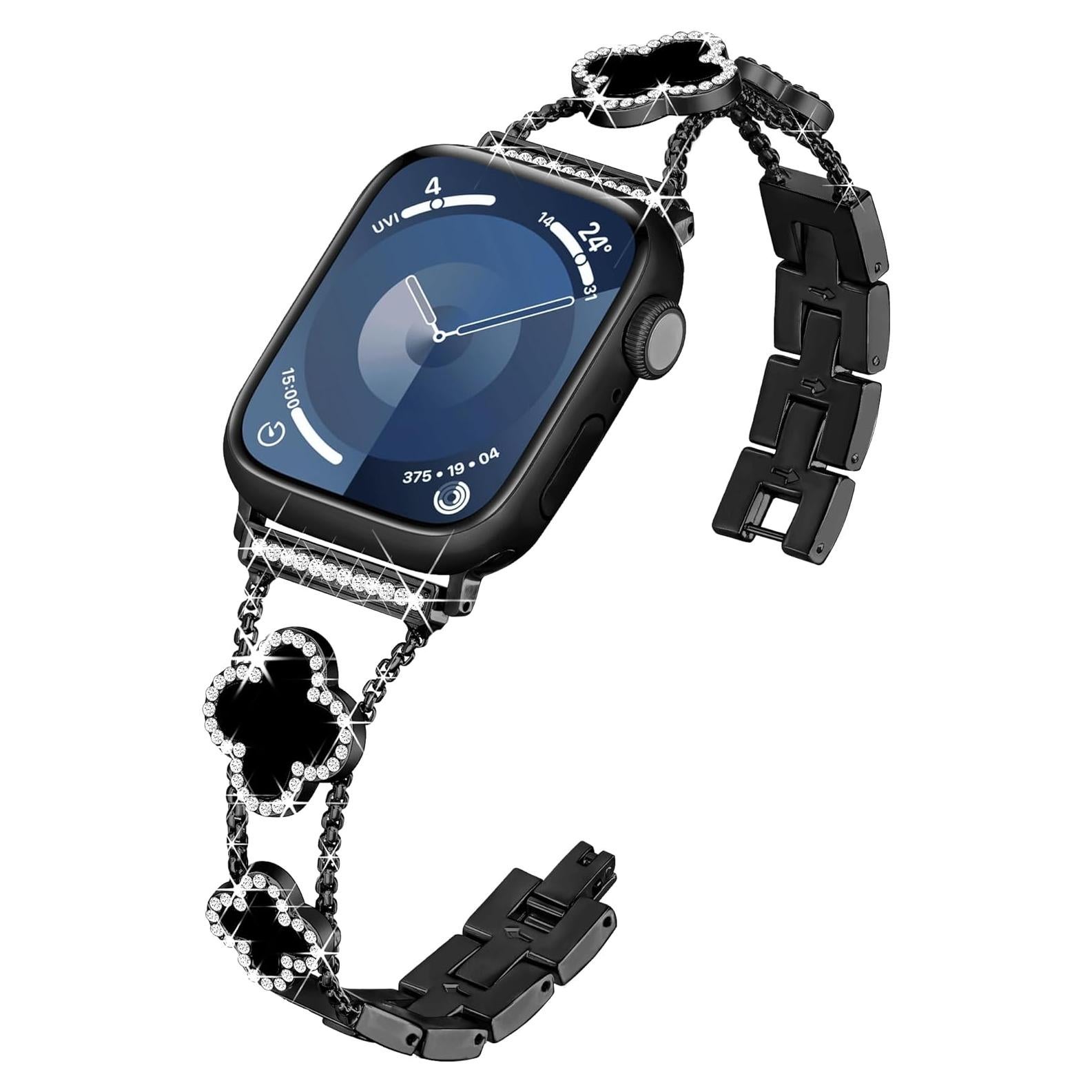 Banda de Apple Watch Wipalor Trébol 38-42mm Negra con Diamantes