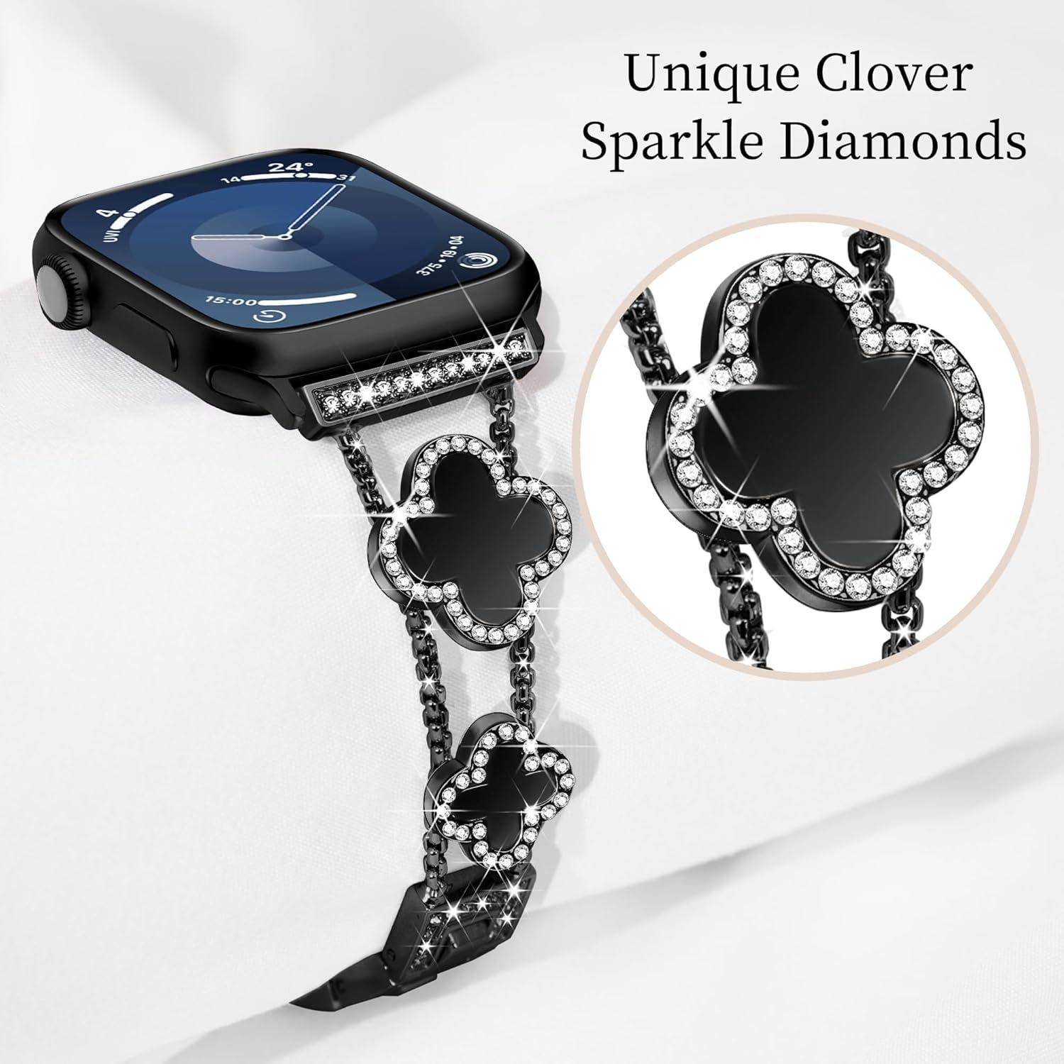 Banda de Apple Watch Wipalor Trébol 38-42mm Negra con Diamantes