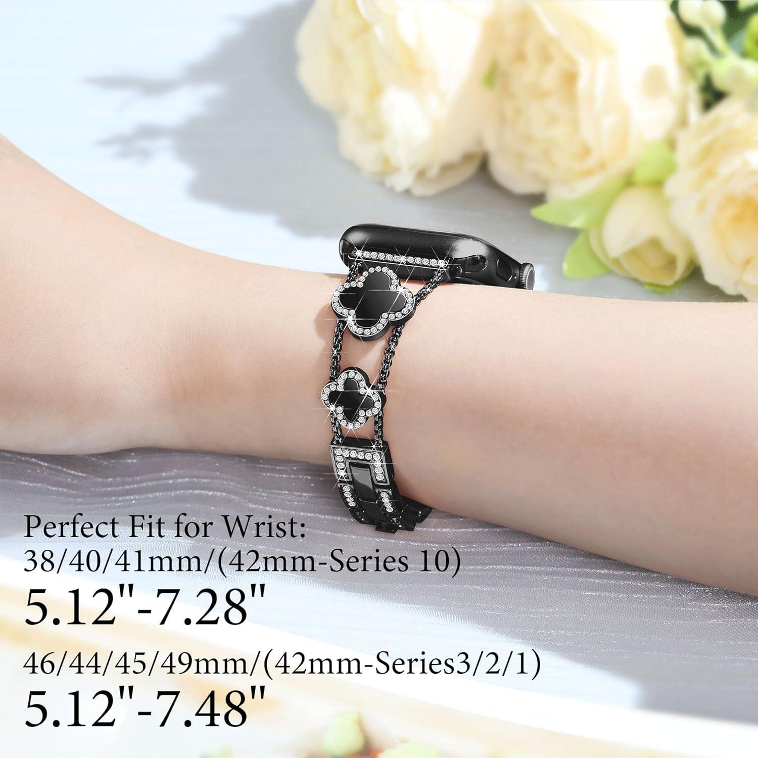 Banda de Apple Watch Wipalor Trébol 38-42mm Negra con Diamantes