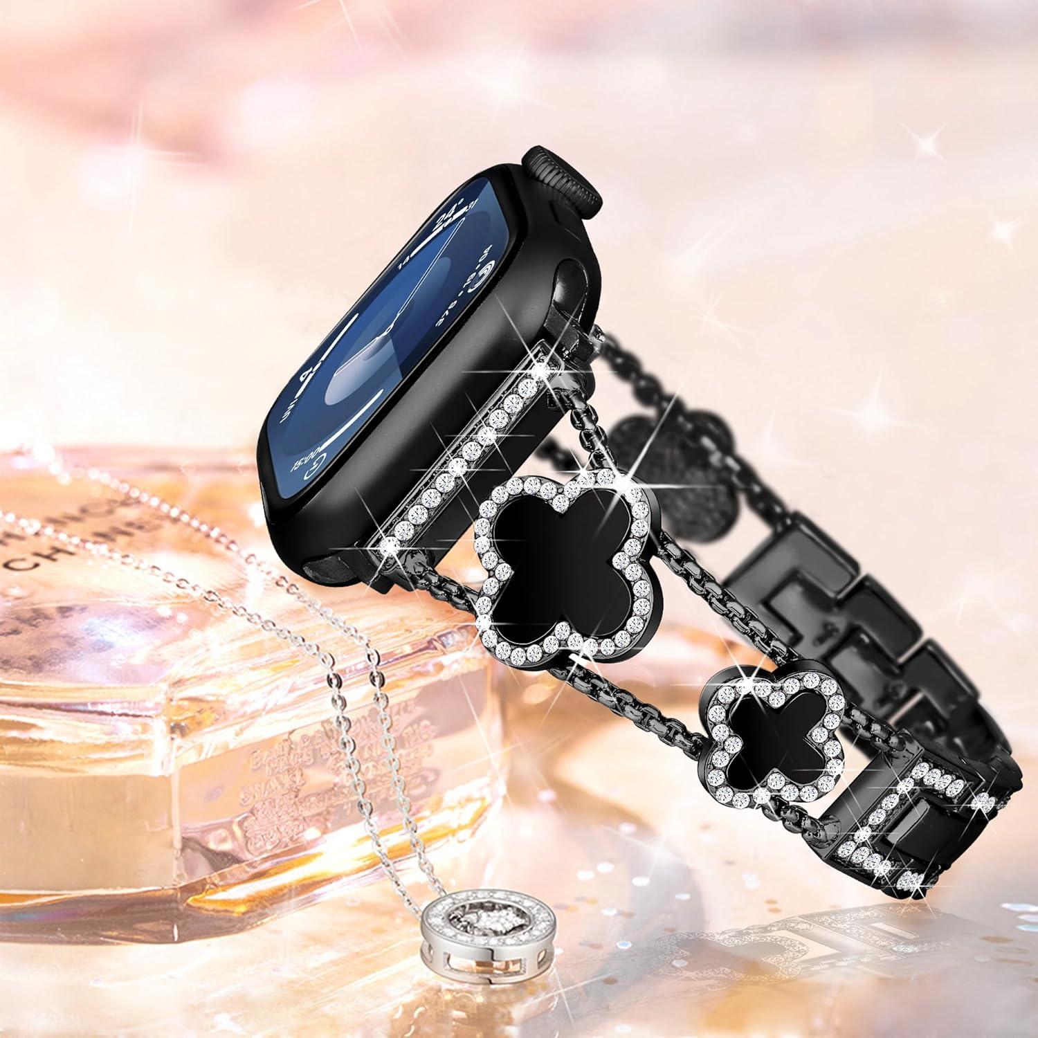 Banda de Apple Watch Wipalor Trébol 38-42mm Negra con Diamantes