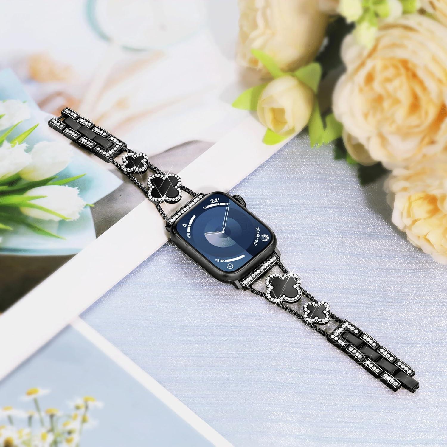 Banda de Apple Watch Wipalor Trébol 38-42mm Negra con Diamantes