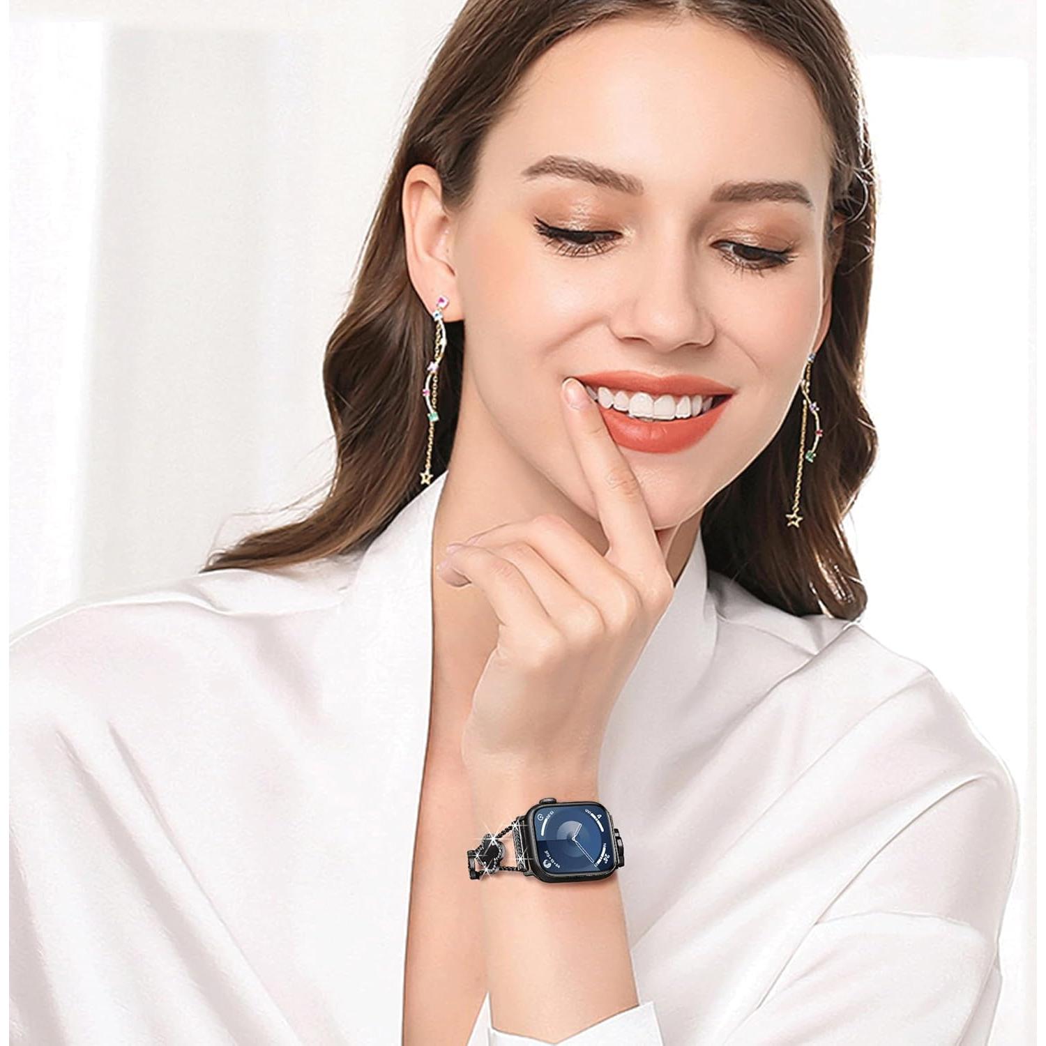 Banda de Apple Watch Wipalor Trébol 38-42mm Negra con Diamantes