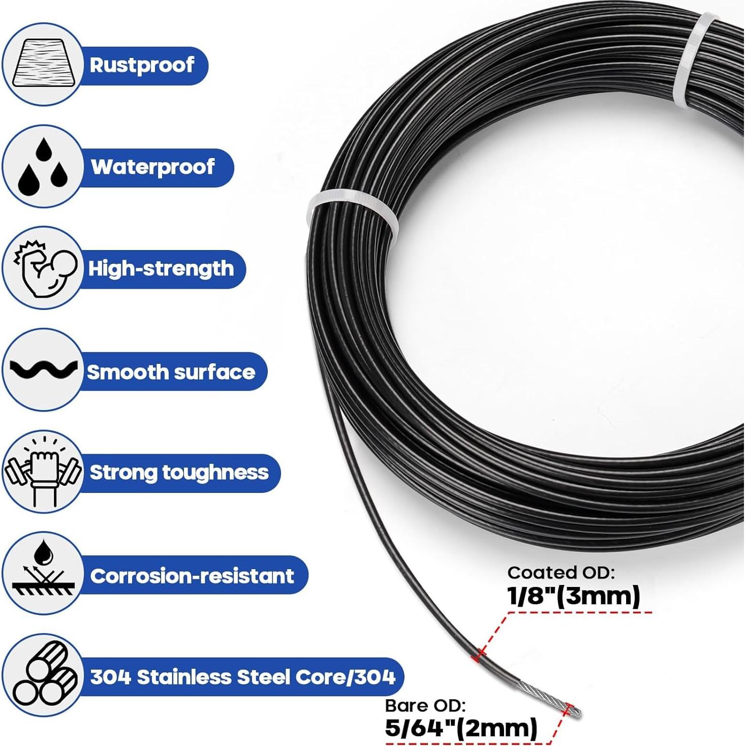 Kit de Cable de Acero Inoxidable 1/8 TooTaci 30.48m Vinilo Negro